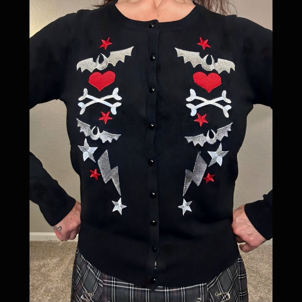 NWOT Too Fast Brand Black Maleficent Cardigan Hearts Bats Lighting Punk Goth XL